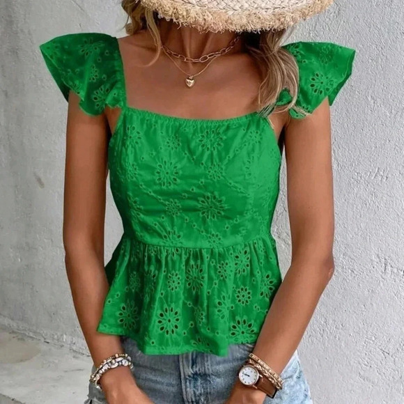 Eyelet Embroidery Tie Back Peplum Blouse - Picture 3 of 6